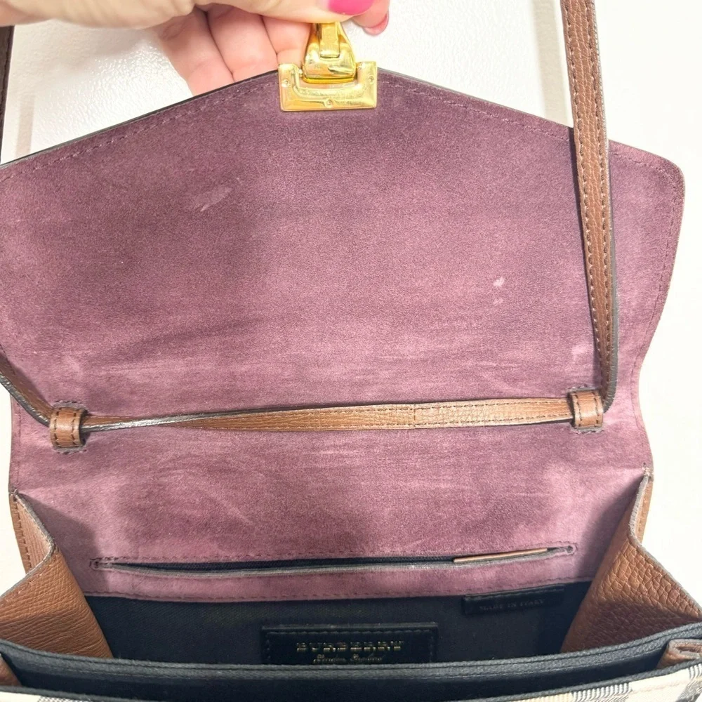 BURBERRY Derby Calfskin House Check Small Macken Crossbody Bag Tan